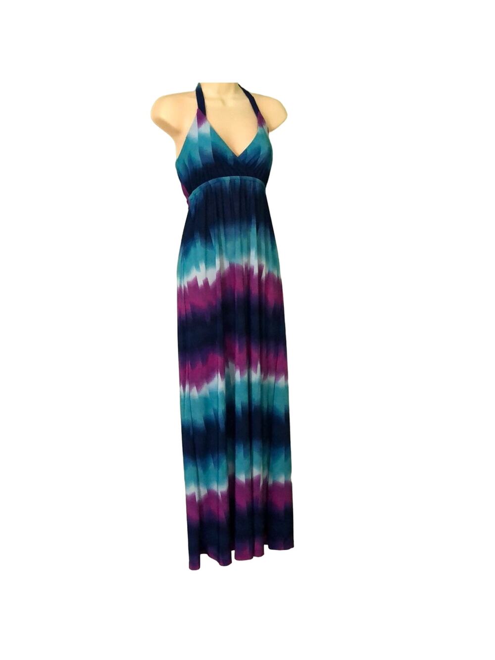 Multicolor Ombre Flame print slinky knit maxi halter dress Woman XS Long Beach
